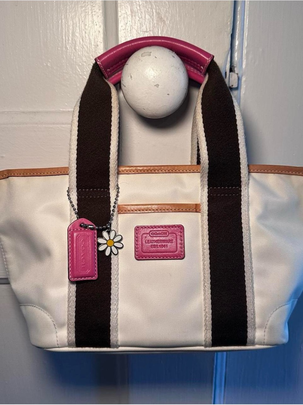 Coach White Mini Tote with Pink Accents and Dark Brown Straps